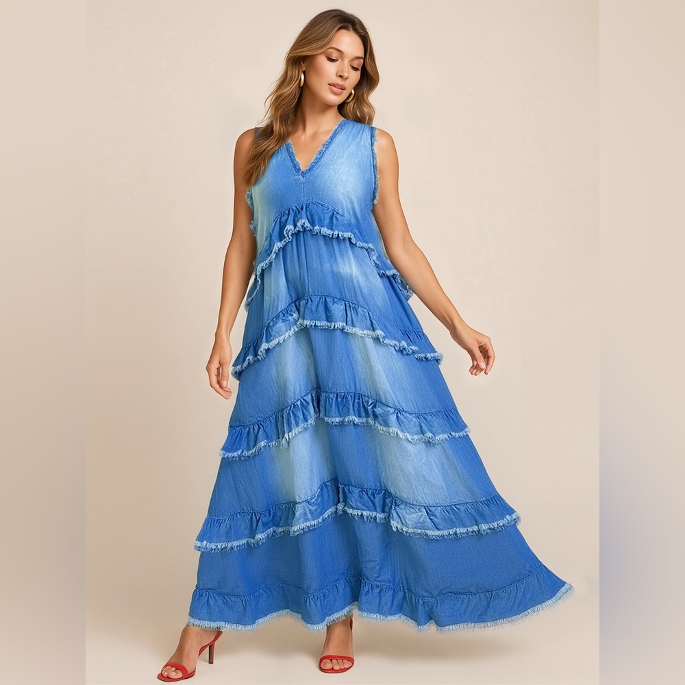 Blue Tiered Ruffled Maxi Sundress